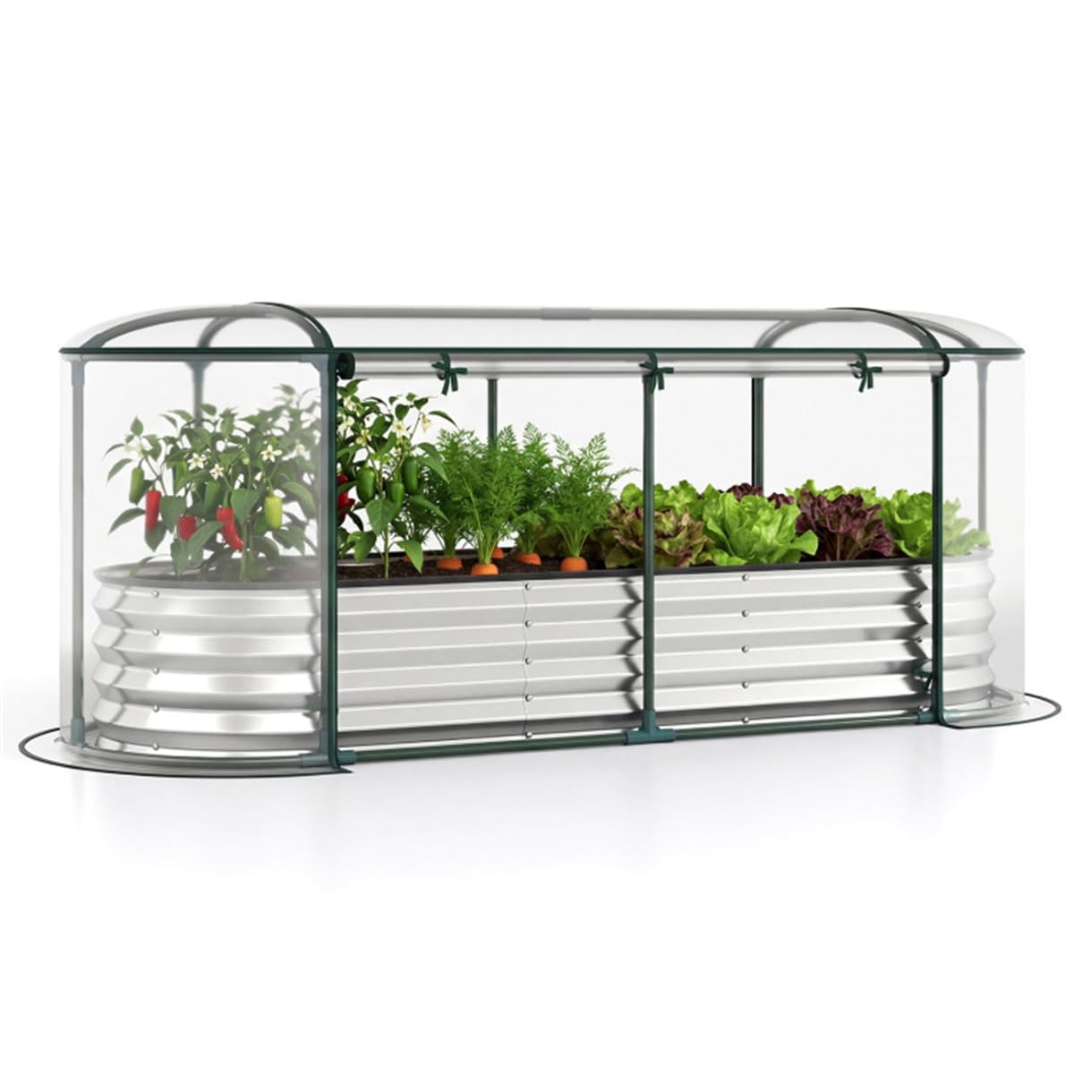 3-in-1 Raised Garden Bed with Greenhouse Cover, Oval Color Steel Planter Box, 6x2x1 Ft, Black (Silver)