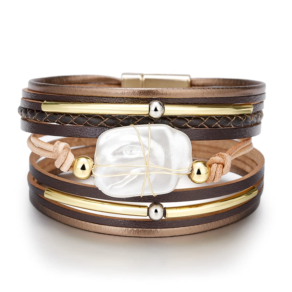 Fesciory Leopard Bracelet for Women, Boho Leather Wrap Multi-Layer Pearl Crystal Bracelet Bangle Jewelry(Brown Leather(Pearl))