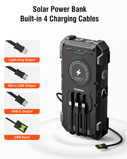 Sudrov Solar Charger Power Bank, 42800mAh Wireless Portable Charger with USB-C in/Output, QC3.0 Fast Charging 15W 4 Ports Outdoor Battery Pack Built-in Dual Led Flashlights for iPhone Samsung etc