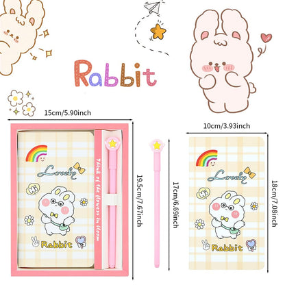 2 in 1 Rabbit Stationery Gift Box Set Includes 1 Pcs Rabbit Bunny Notebook Pocket Journal Hardcover Writing Notepad Diary and 1 Pcs Pen Gift for Birthday Christmas Kids Study Office School Supplies