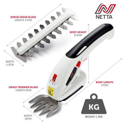 NETTA 2in1 Grass Shear & Hedge Trimmer with 7.2V Rechargeable 1500mAh Lithium-Ion Battery, Edging and Shrub Shear, 2 Interchangeable Blades, Lightweight, Garden Cutting Edge Trimmer, Pruner - Handheld