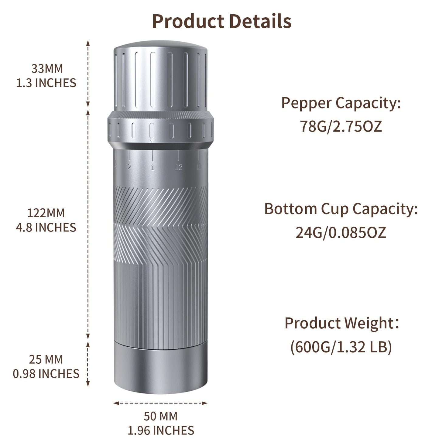 Luvan Professional Grade Pepper Grinder,External Adjustable Coarseness Manual Pepper Mill Grinder, Heavy Duty Aluminum Coarse Pepper Grinder Refillable,Spice Grinder with Stainless Steel Burrs (Gray)