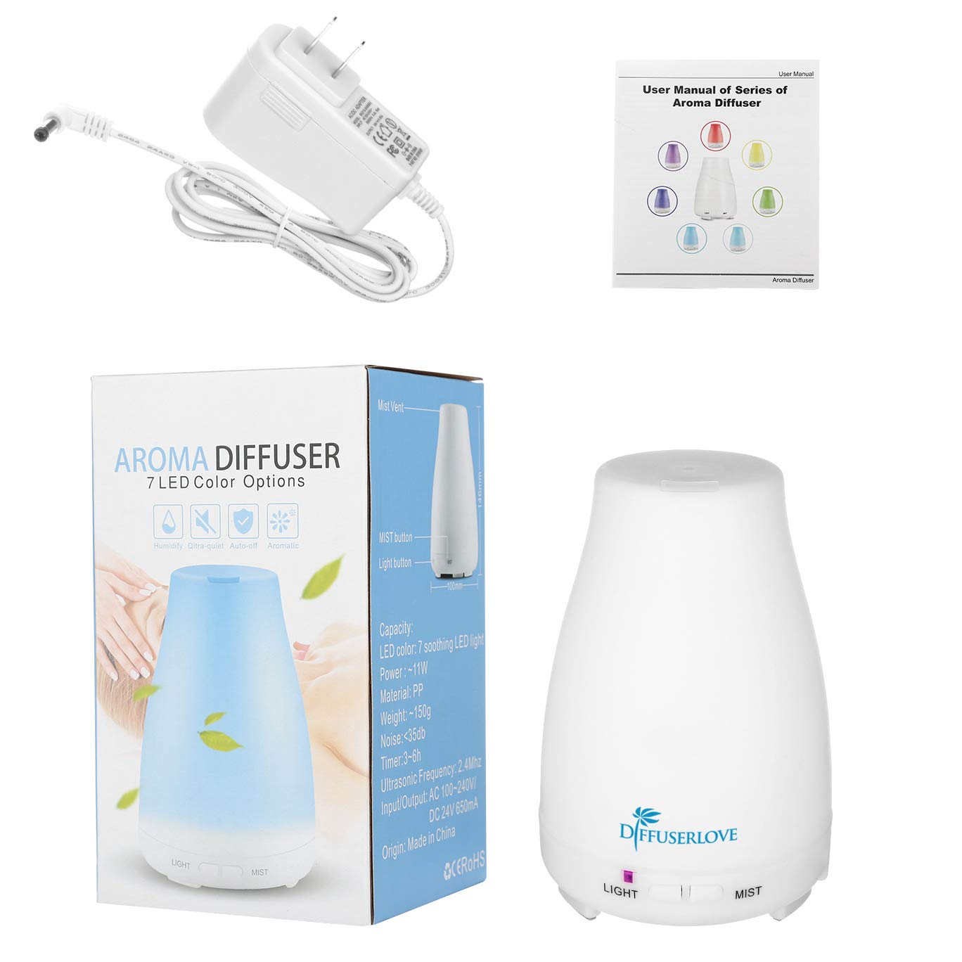 Diffuserlove Essential Oil Diffusers 200ML Remote Control Ultrasonic Mist Humidifiers BPA-Free Aromatherapy Diffuser with 7 Color Lights, Auto Shut-Off for Bedroom Office Kitchen