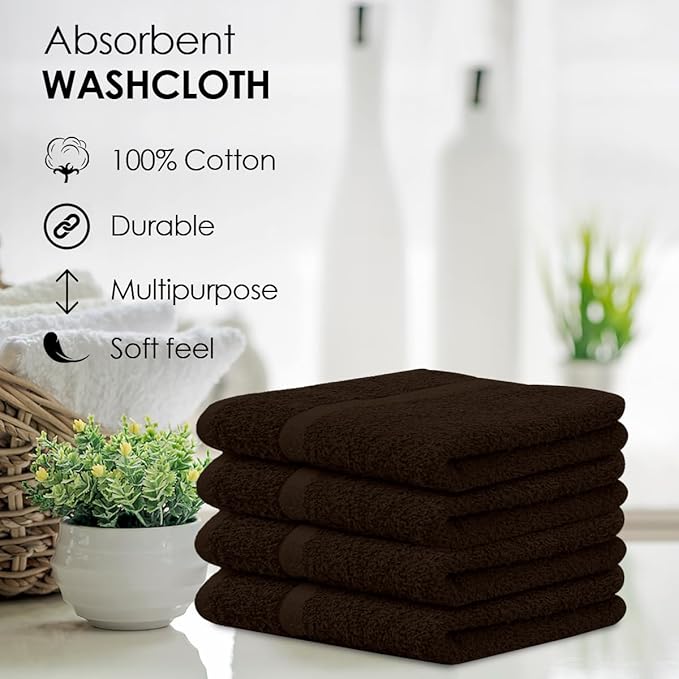 Avalon Towels Cotton Washcloths 24-Pack – 12 x 12 Inch Brown Super Soft &