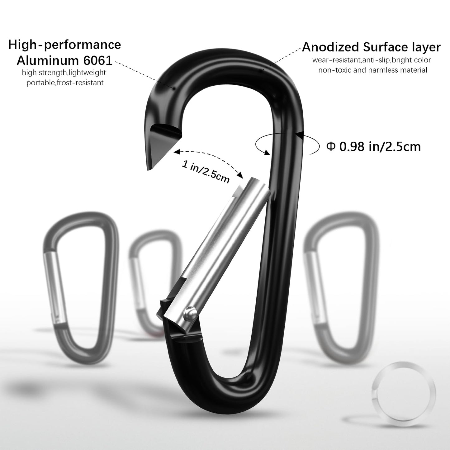 sprookber 4" Heavy Duty Aluminum Carabiners, Large D-Ring Clips, Spring Snap Hooks for Camping, Hiking, Keychain, Dog Leash (Set of 4, Black)