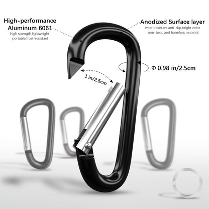 sprookber 4" Heavy Duty Aluminum Carabiners, Large D-Ring Clips, Spring Snap Hooks for Camping, Hiking, Keychain, Dog Leash (Set of 4, Black)