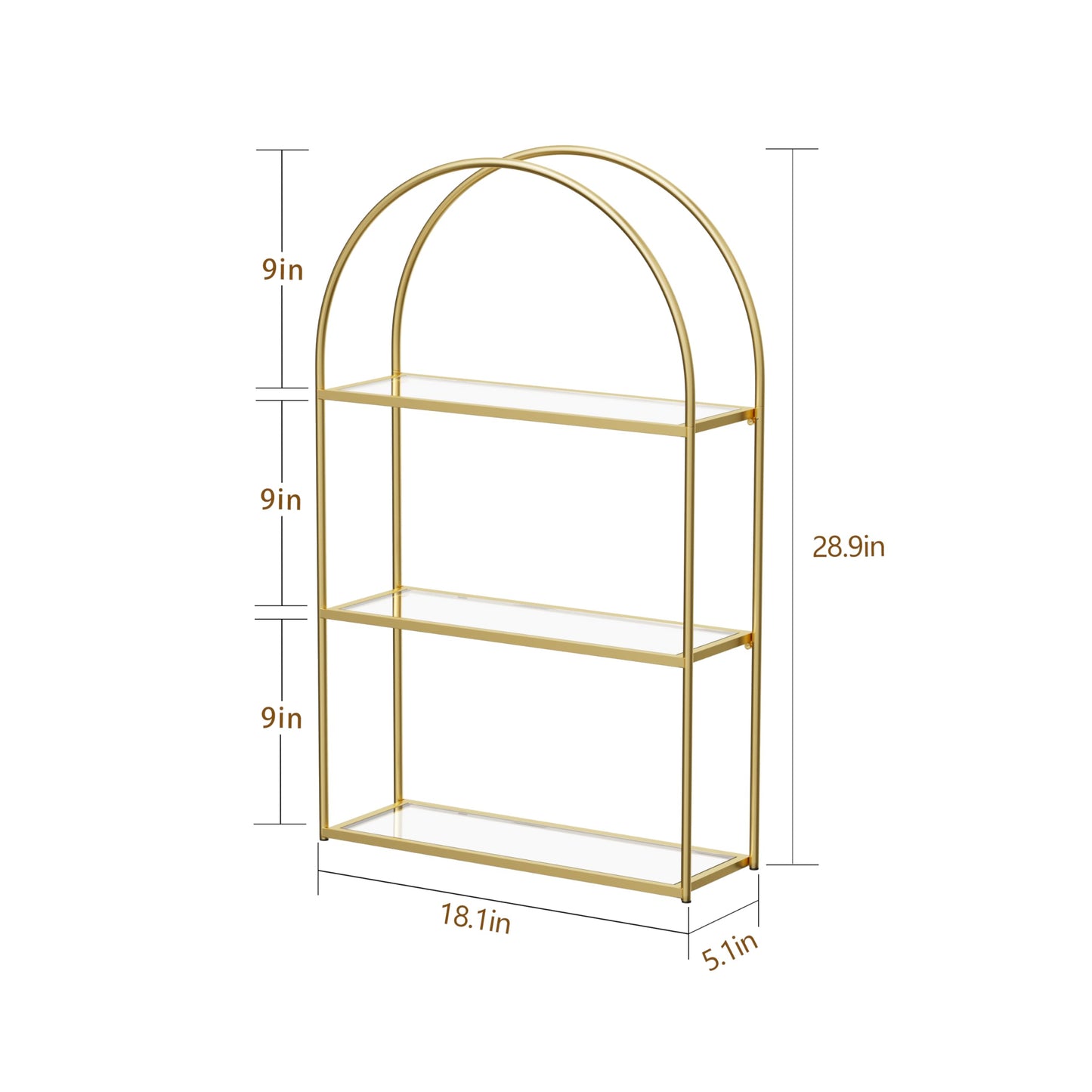 Crofy 3-Tier Arched Wall Shelf with Gold Frame & Transparent Shelves