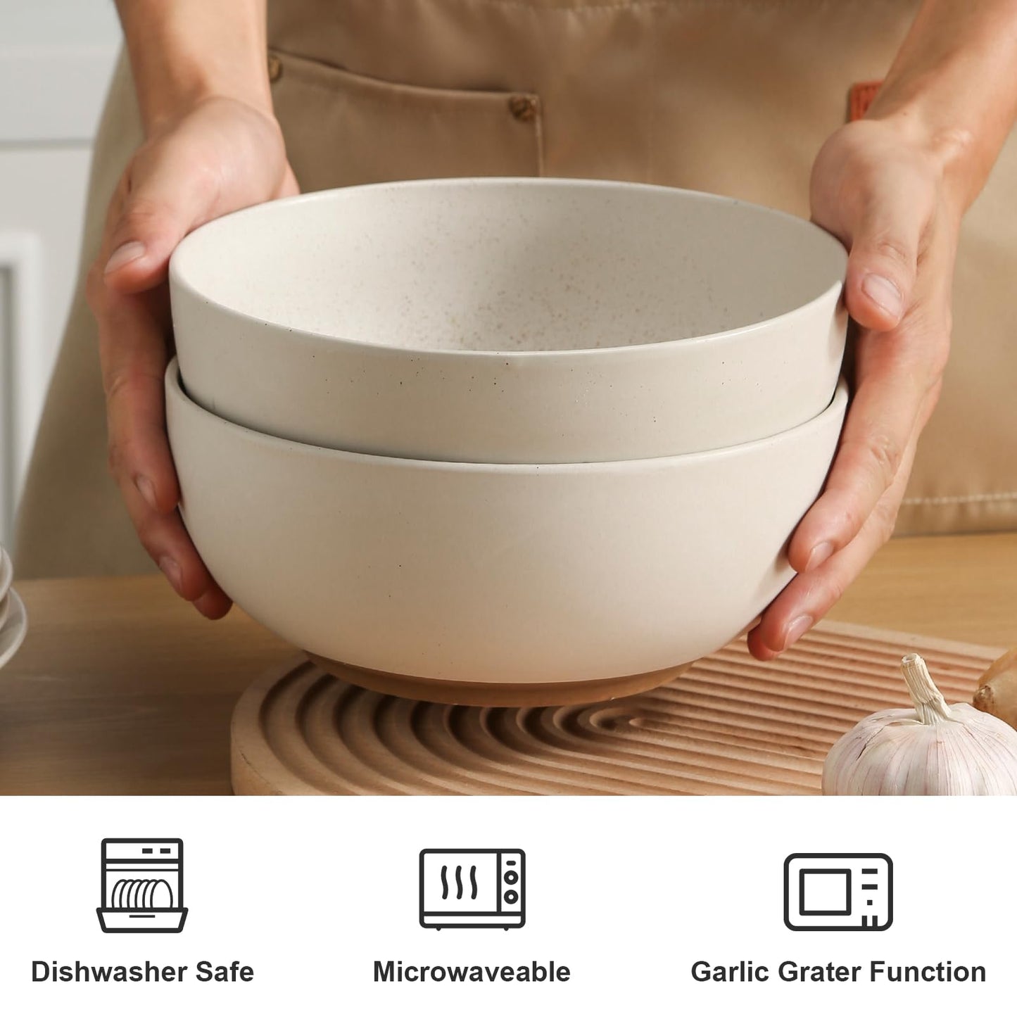 KGCCIZI Ceramic Large Salad Bowls with Garlic Grater Function. White 60 OZ Salad Serving Bowl. Deep Bowl fit for Soup, Cereal, Ramen, Pasta, Salad.