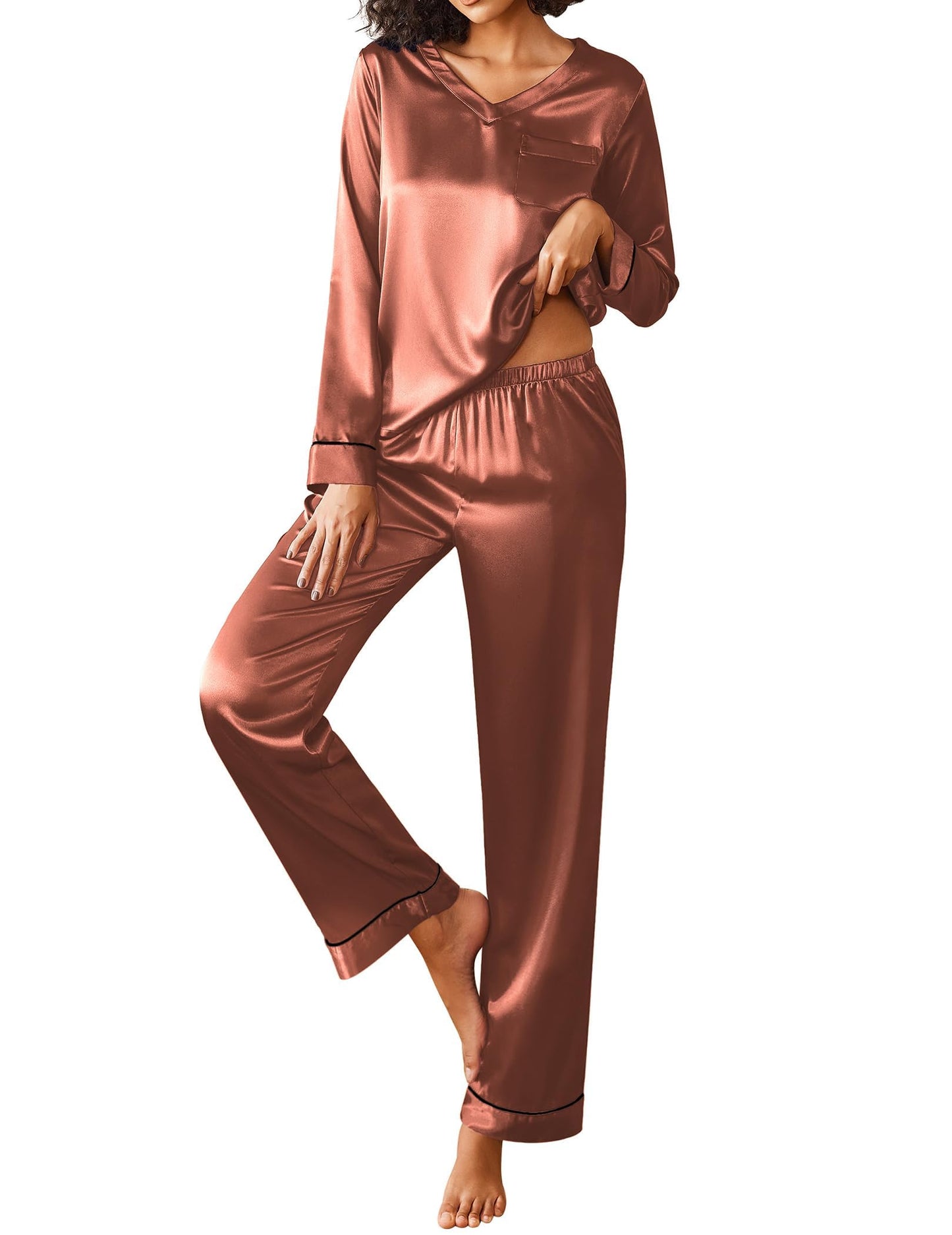 Ekouaer Silk Pajama for Women Long Sleeve Satin Pj Set Two Piece Soft Sleepwear Loungewear S-XXL