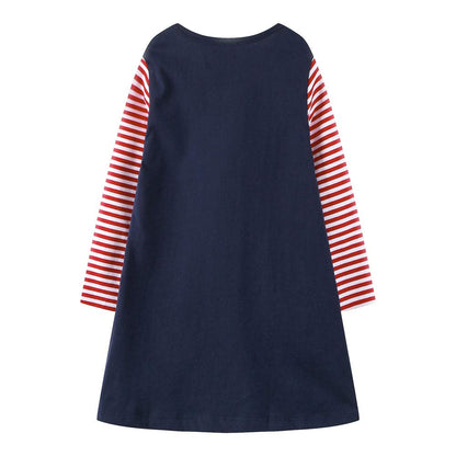 Girl Girl Dress Christmas Navy Blue Deer Elk Santa Long Sleeve Cotton Daily Dress Size 7