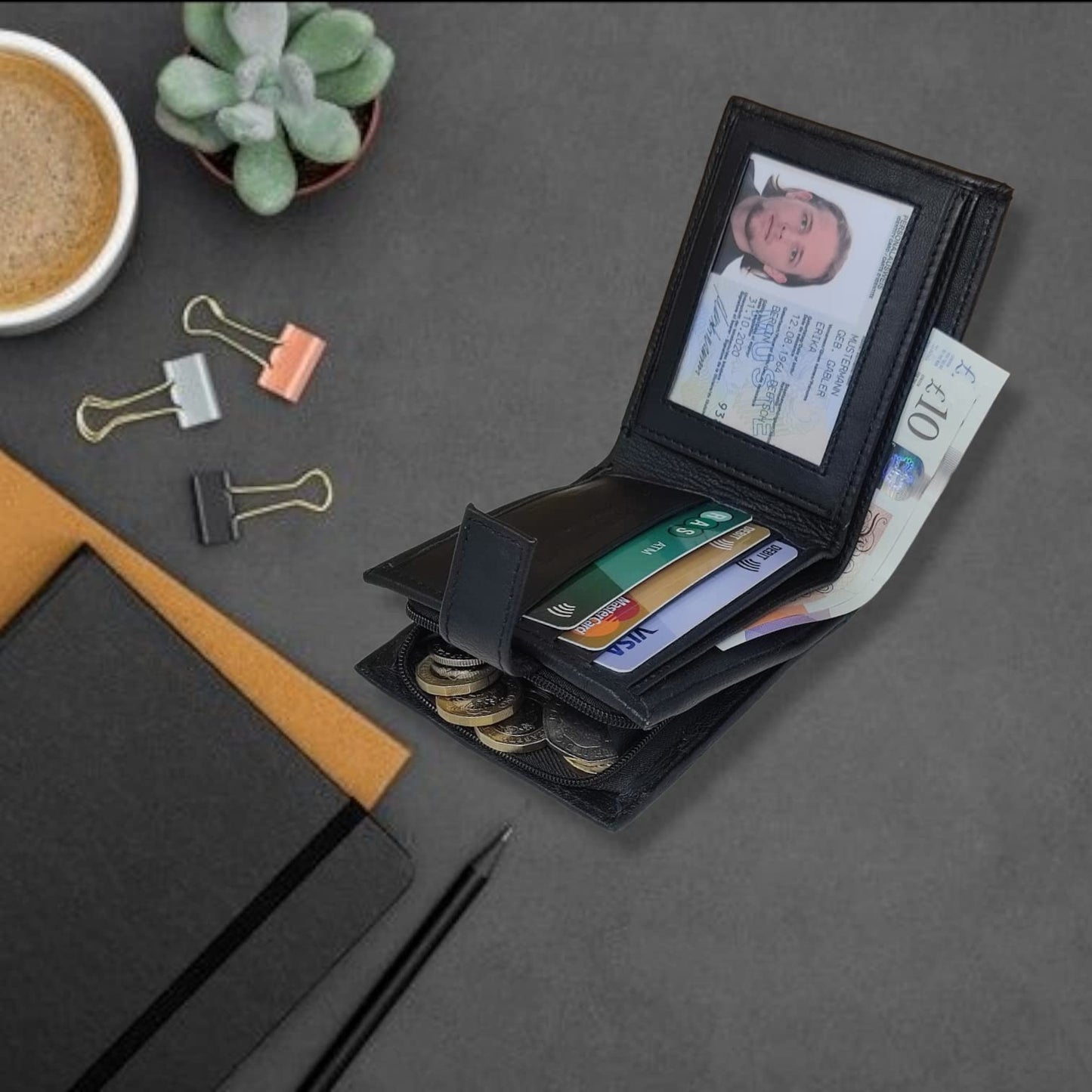 RAS WALLETS | RFID Blocking Gents Wallet, Credit Card Holder & Money Organisers for Men with ID Window & Side Zip Coin Pocket #44 (Black)