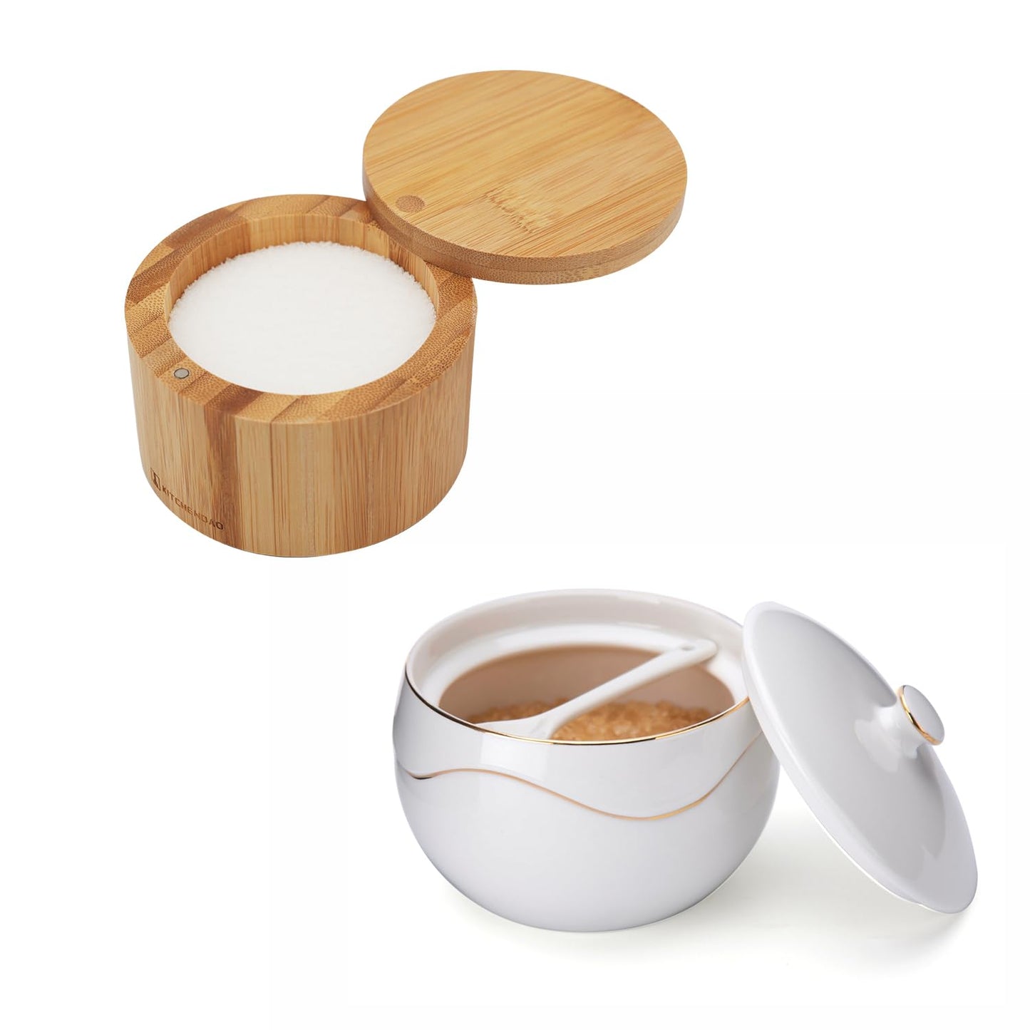 KITCHENDAO Bamboo Salt Cellar and Porcelain Sugar Bowl