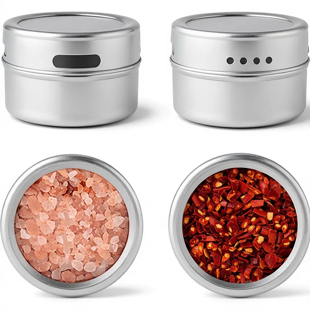 Magnetic Spice Jars with Lid - 4 Pack Stainless Steel, Strong Hold for Fridge & Grill, Adjustable Sprinkle, Easy Refill (Silver)