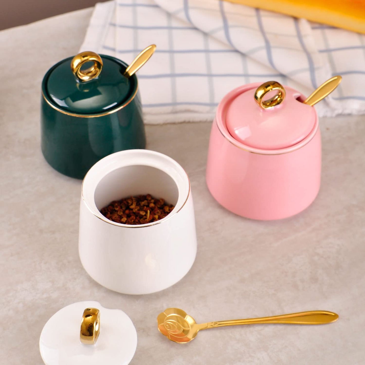 WHJY Ceramic Sugar Bowl with Lid and Spoon, Simple White Clear Porcelain Salt Bowl Salt Container, Modern Spice Box Seasoning Jar for Home and Kitchen Coffee Bar - Green