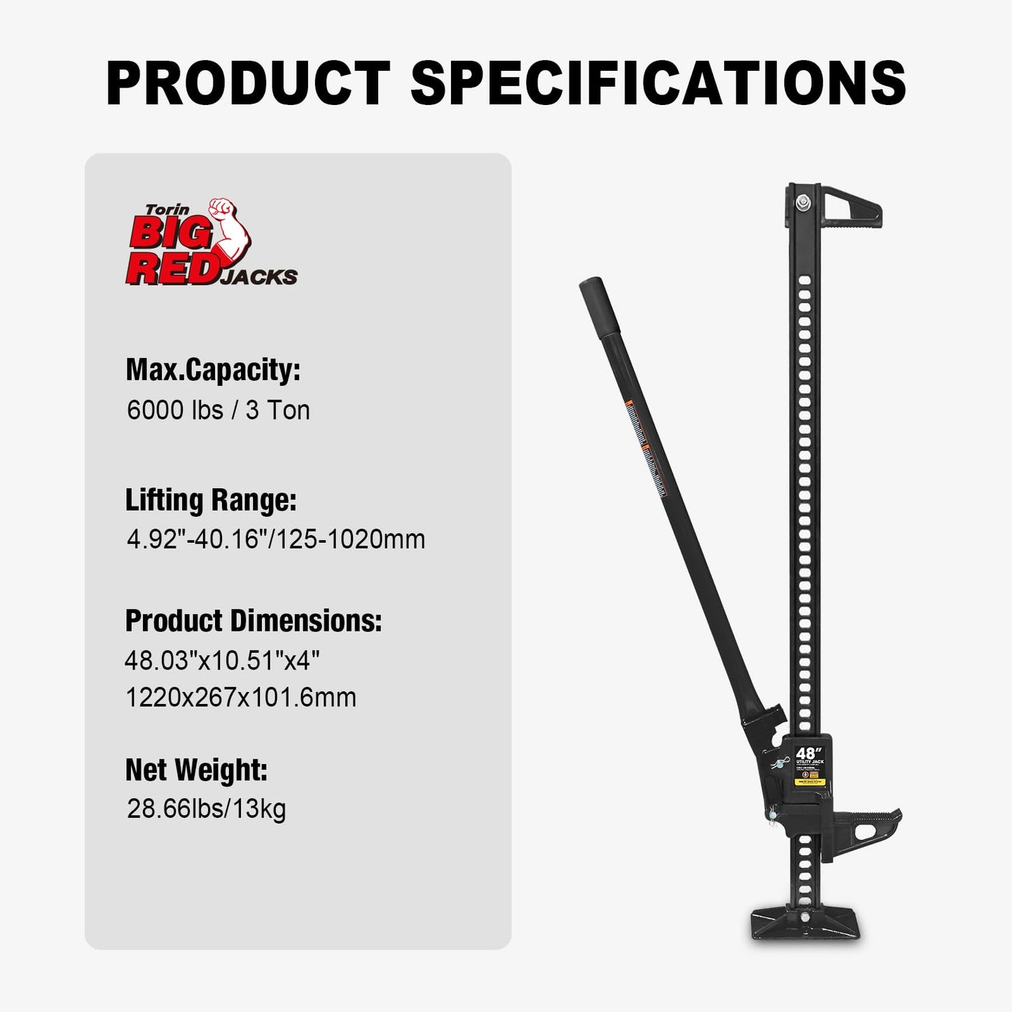 Big RED ATR6501BR Torin 48" Ratcheting Off Road Utility Farm Jack: 3 Ton (6,000 lb) Capacity, Black