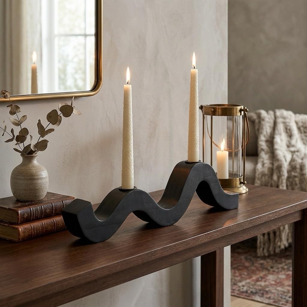 Remenna Balck Taper Candle Holder Modern Wave Candlesticks Wooden Decorative Centerpiece Candle Stands for Table Mantel Wedding Housewarming Gift