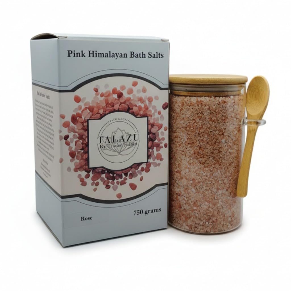 Pink Himalayan Bath Salts with Rose Scent – 100% Natural Spa Soak in Reusable Glass Jar with Bamboo Lid & Spoon – Relaxing, Detoxifying & Skin-Hydrating Aromatherapy Bath Crystals (26 oz)