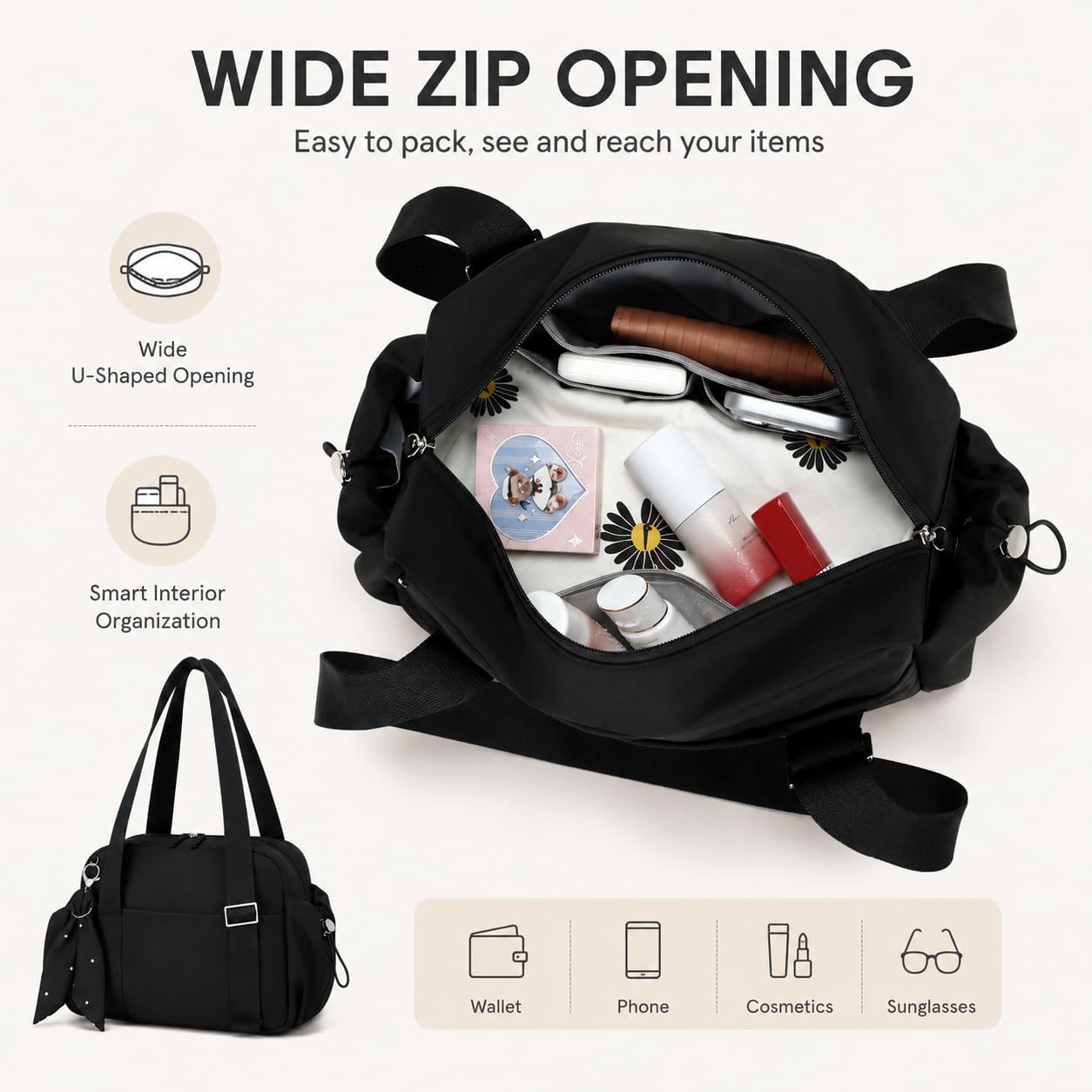 LOIDOU Small Gym Bag for Women, Mini Sports Duffel Bag with Wet Compartment, Pink Bow Pattern, Cute Workout Yoga Dance Tote (Black)