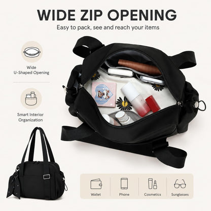 LOIDOU Small Gym Bag for Women, Mini Sports Duffel Bag with Wet Compartment, Pink Bow Pattern, Cute Workout Yoga Dance Tote (Black)