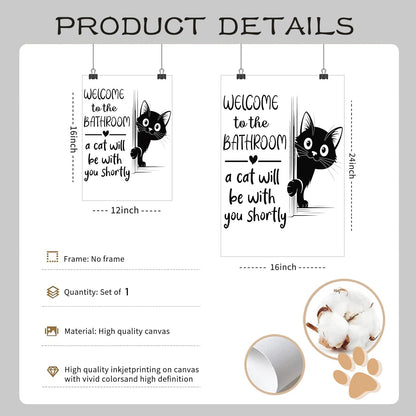 HNNXAR Funny Cat Bathroom Wall Art,Welcome To The Bathroom A Cat Will Be With You Shortly Paintings Posters,Black and White Funny Canvas Pictures Prints,Cute Black Cat Wall Decor 12x16in Unframed