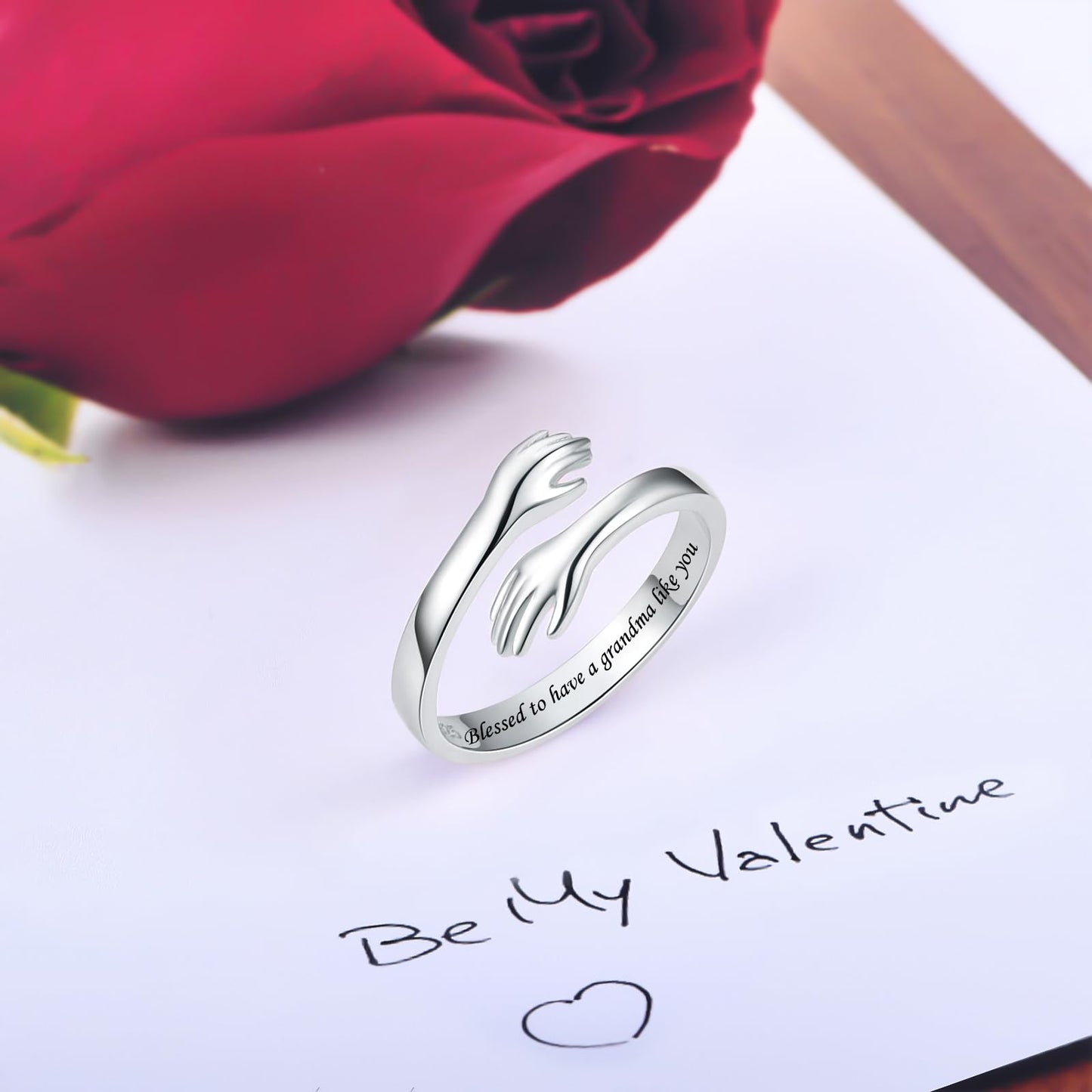 ACJFA S925 Sterling Silver Hug Ring for Women Adjustable Thumb Ring Birthday Gifts (Blessed to have a grandma like you)