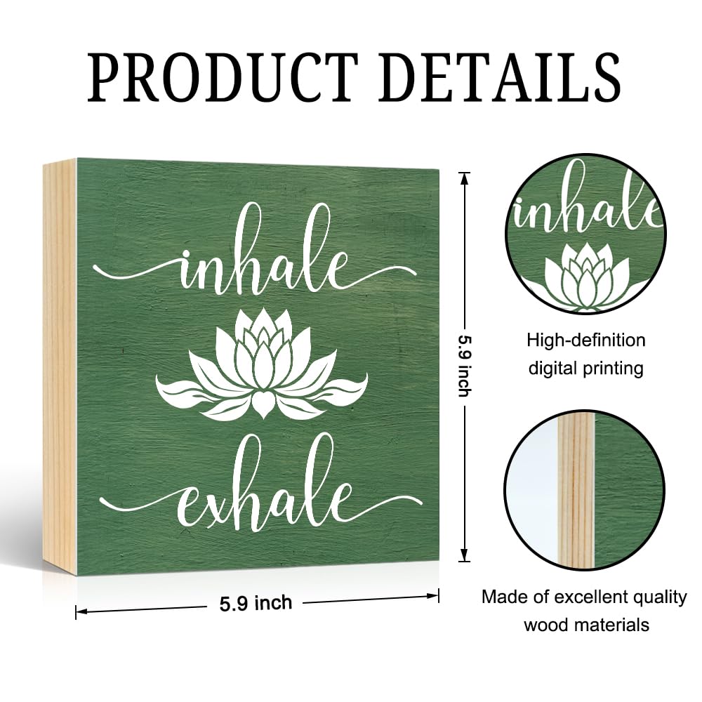 Pishovi Inhale Exhale Wooden Box Sign, Lotus Inhale Exhale Mindful Wood Door Sign for Home Office Farmhouse Bedroom Yoga Spa Room, Meditation Quote Plaque Gifts for Women Friend Coach Yoga Lover