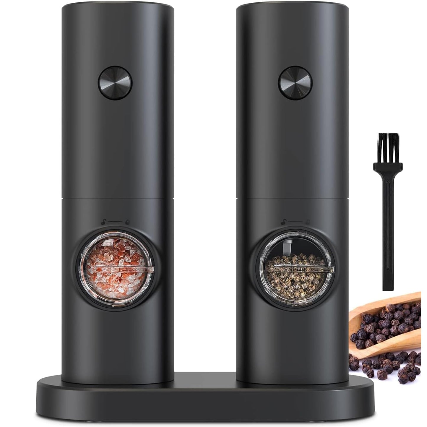 COKUNST Electric Pepper and Salt Grinder Set, Battery Powered Adjustable 5 Levels of Coarseness Black Pepper Mills with Stand, Automatic Grinding with LED Light for BBQ Resturant Kitchen