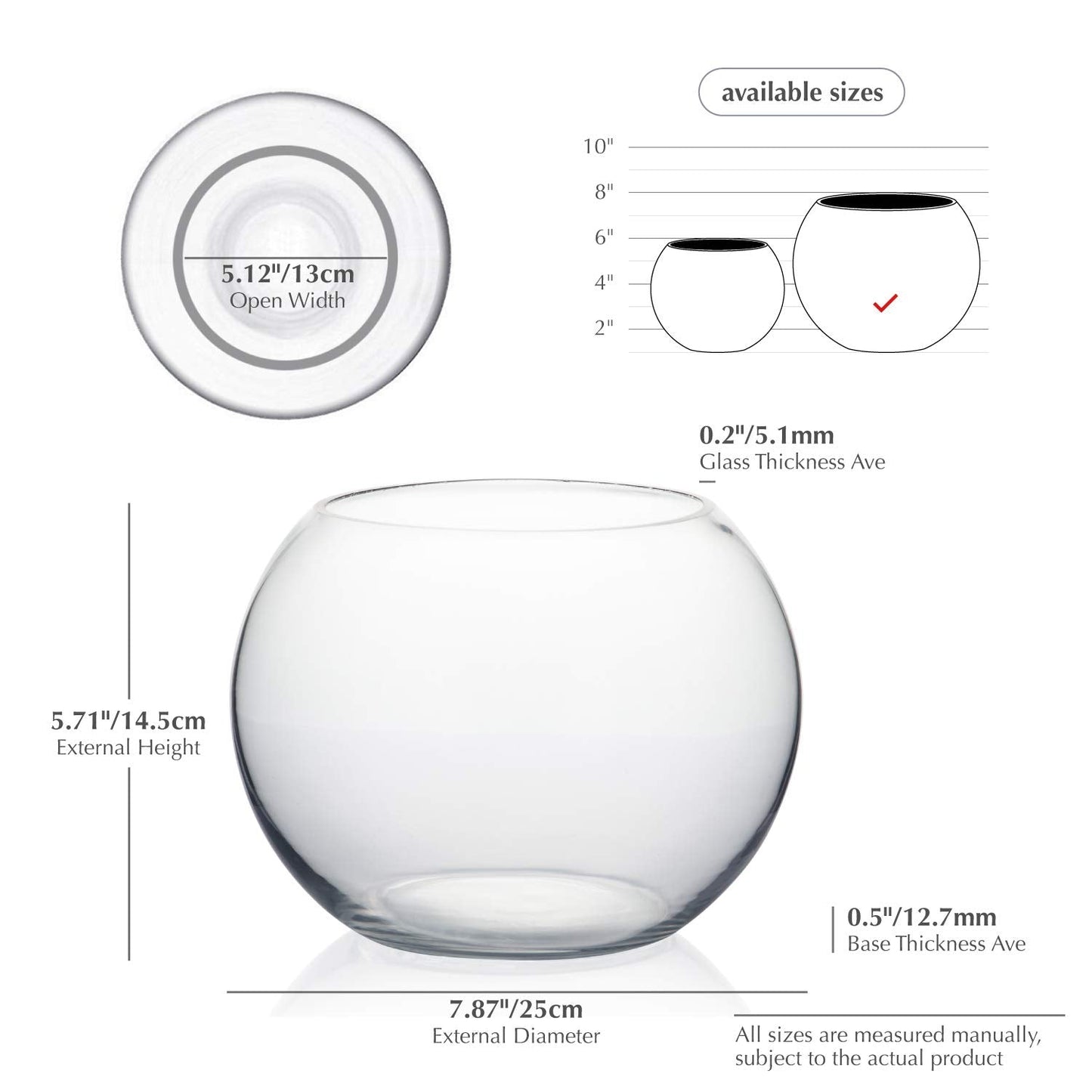 WGVI Bowl Glass Vase, Diameter 8", Height 6", Open Width 5", (Multiple Sizes Choices) Clear Bubble Planter Terrarium Fish Bowl for Wedding Event Home Decor, 1 Piece (VBW0008A)