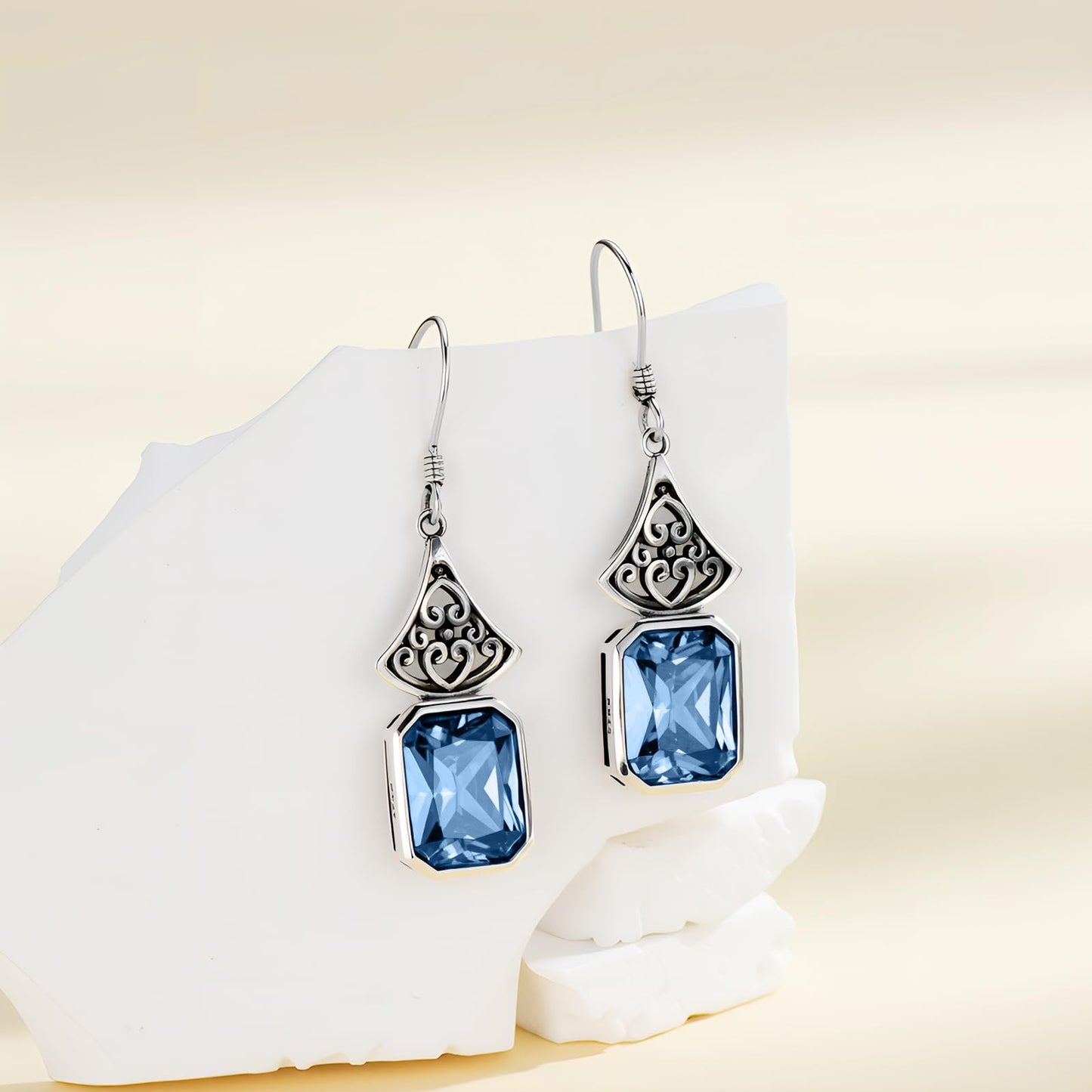 925 Sterling Silver Vintage Oxidized Dangle Drop Earrings with Emerald Cut Blue Aquamarine March Birthstone Anniversary Jewelry Gifts for Women