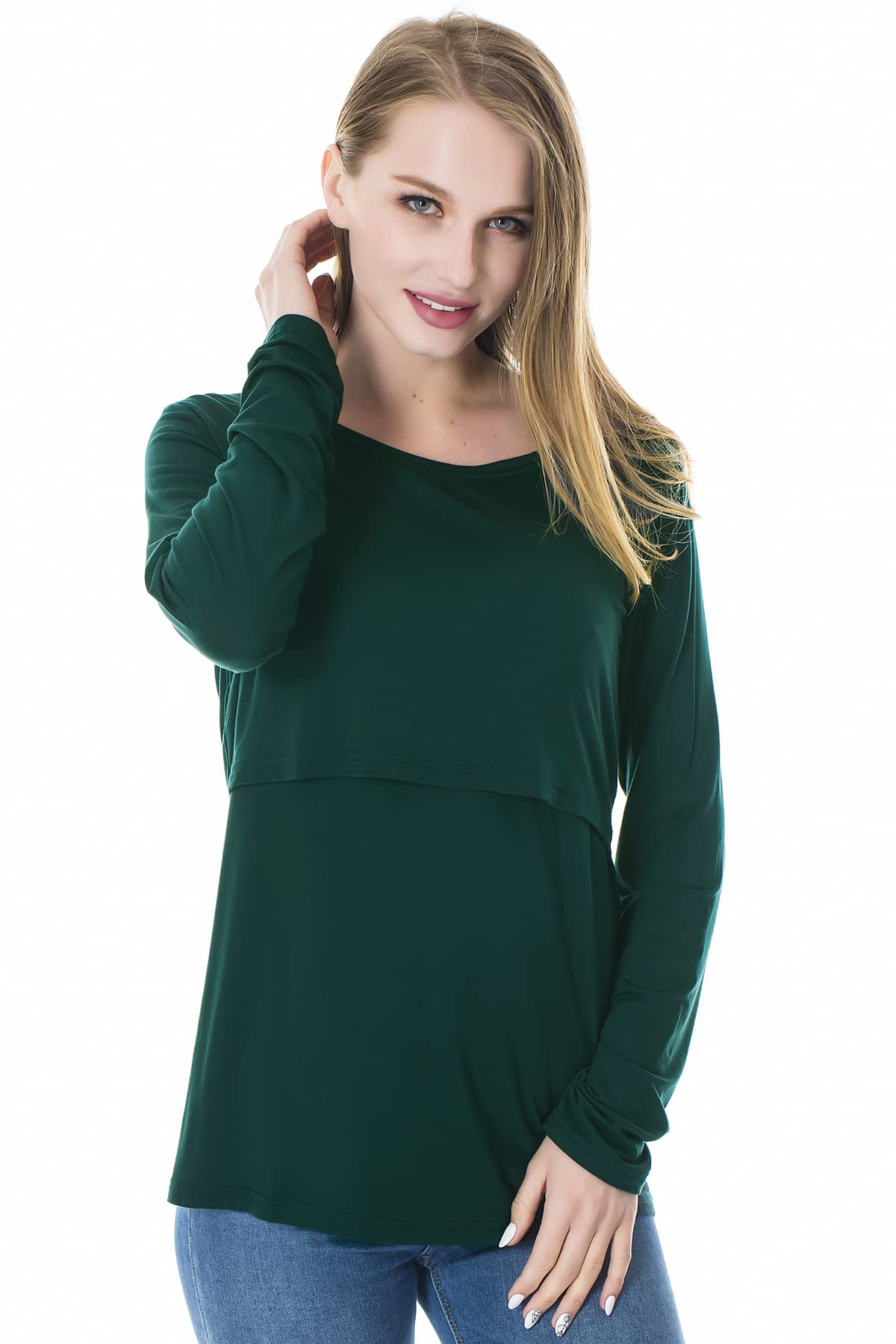 Smallshow Nursing Tops Women's Maternity Long Sleeve Breastfeeding Shirts,Wine/Deep Green/Black,M