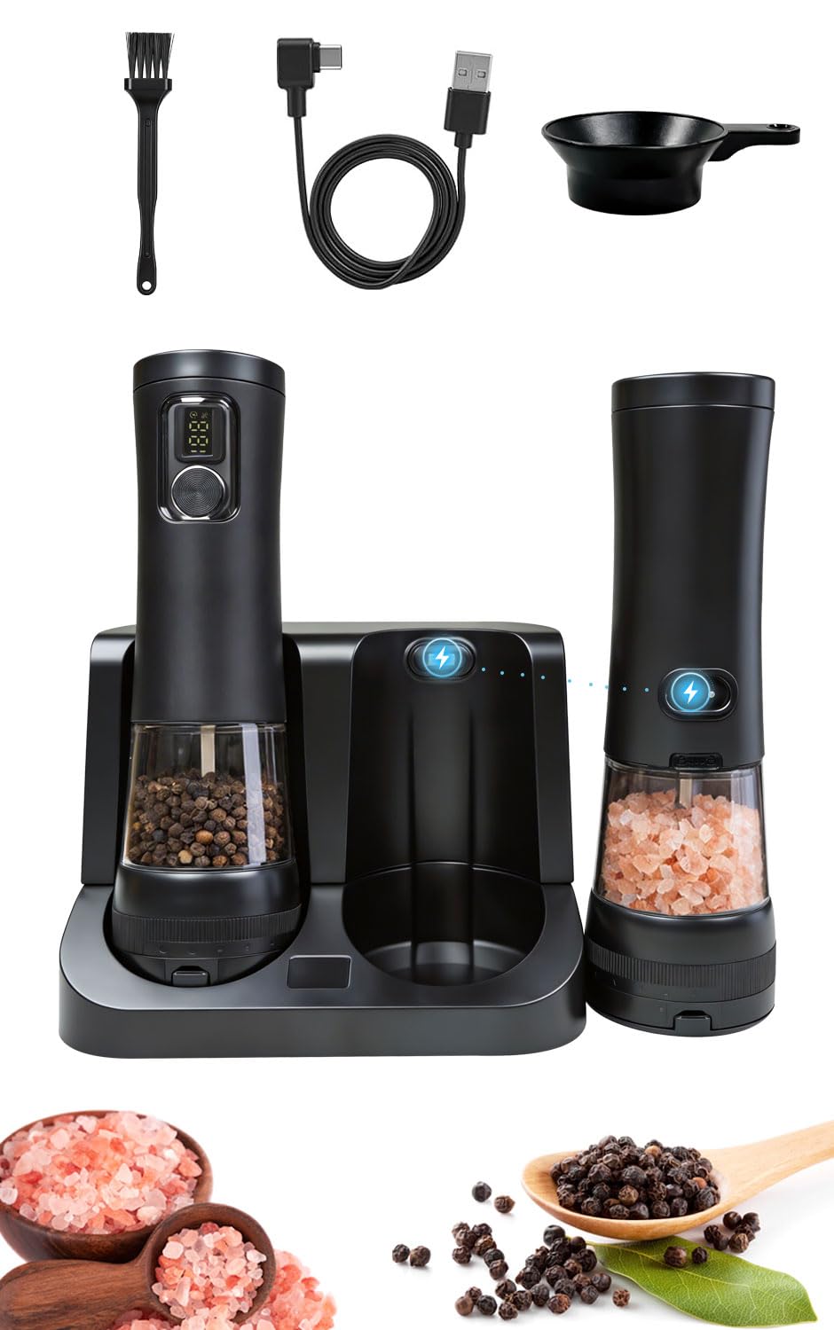 Sovtekr Electric Salt and Pepper Grinder Set, 5 External Coarseness Levels, Rechargeable with 2-in-1 Charging Base, LED Light, 110ml Large Capacity