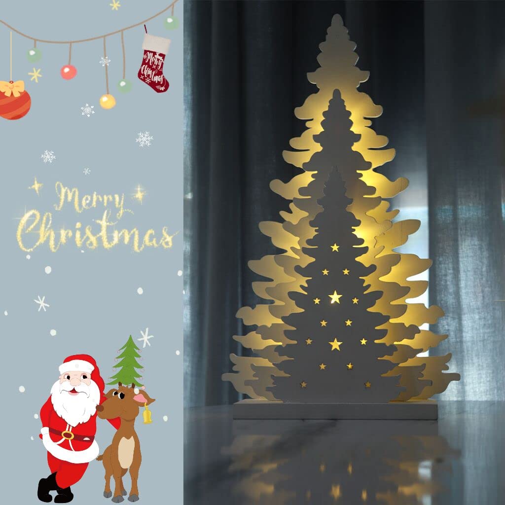 Supergorea Wooden Christmas Tree Tabletop Decor, LED Wood Craft Christmas Trees Light 2AA Battery Powered 10 inch for Xmas Home Decorations(Indoor)