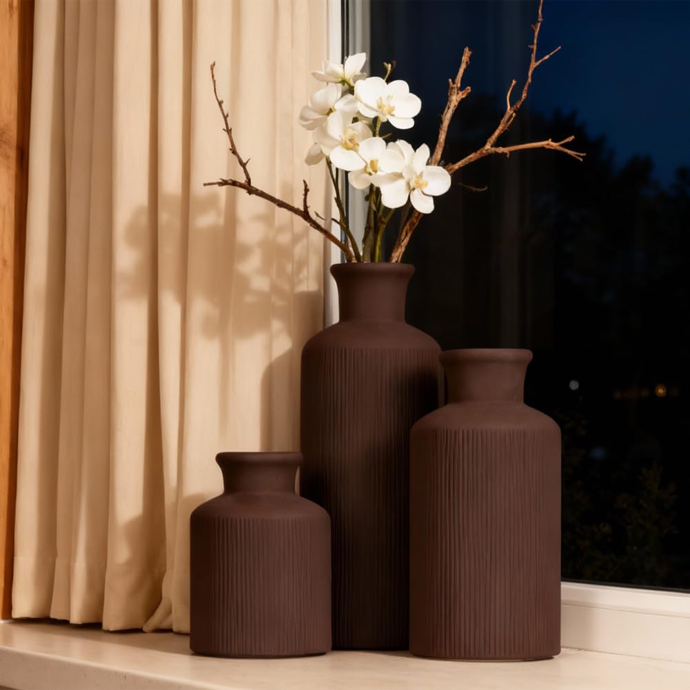 Brown Ceramic Vase Set of 3 – Small Flower Vases, Modern Farmhouse Boho Flower Vases for Home Decor, Rustic Pottery Vases for Centerpieces, Living Room, Shelf, Fireplace, Entryway Decor, Table