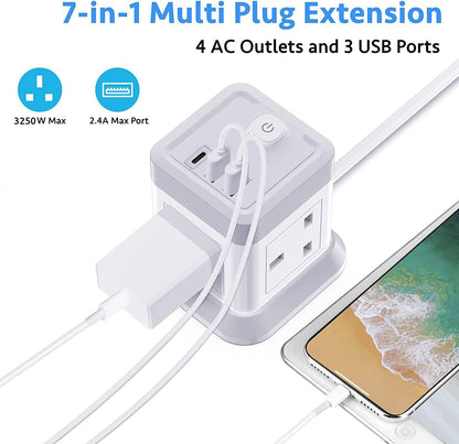 Extension Lead Cube with USB, BEVA 4 Way Power Strip with 3 USB Ports, Desktop Power Extension Socket with 1.5M Extension Cable Cords for Home Dorm Office Travel-WHITE