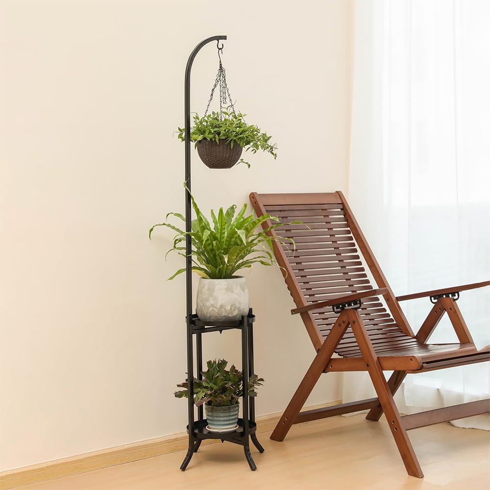 2 Tier Plant Stand Metal Plant Shelf Indoor Outdoor, Tall Corner Hanging Plant Shelf Metal Flower Stands Ladder, Heavy Duty Tall Flower Shelf Large Planter Holder for Living Room Garden Balcony Patio, Hanging Plant Holder, Standing Shelf