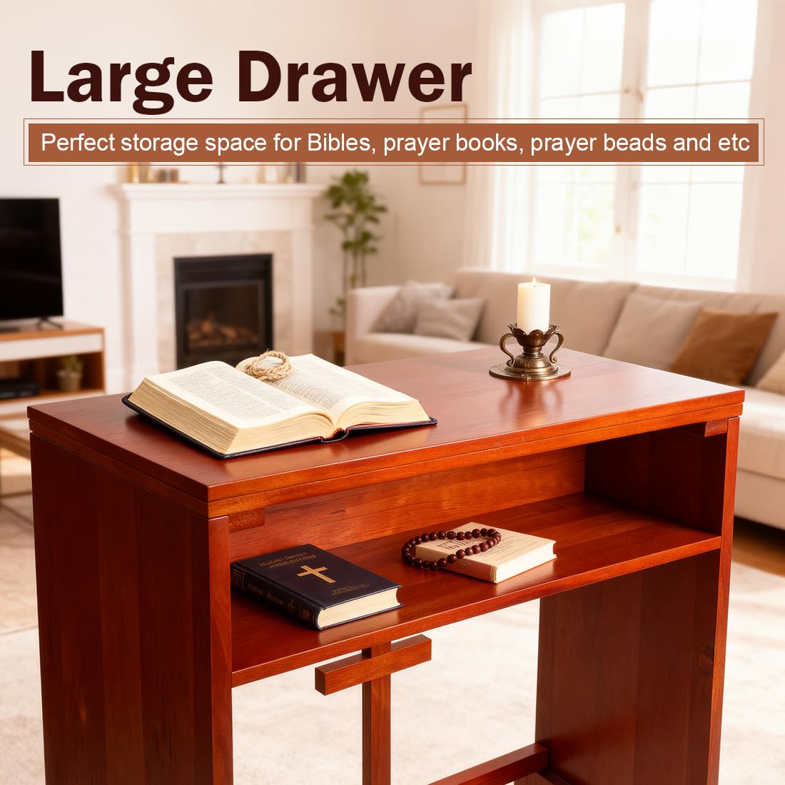 DOLEMODUO Wooden Prayer Kneeler with Storage Shelf & Cushion - Folding Prayer Bench for Home and Church, Comfortable Kneeling Devotional Pew Bench, 32" H x 22" W