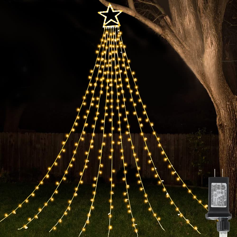 ZTX Christmas Star String Lights,11 Lighting Modes Christmas Decorations Clearance Outdoor 11Ft Waterfall Christmas Tree Lights for Christmas,New Year,Birthday(Warm White)