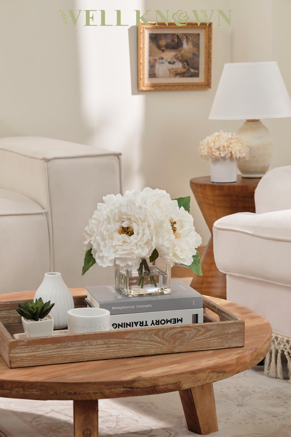 Artificial Peonies Flowers Arrangement in Cube Glass Vase, WELLKNOWN Ivory White Silk Flowers Centerpiece for Home Party Wedding Dining Coffee Table Decor, Faux Peony Flower Bouquet with Fake Water