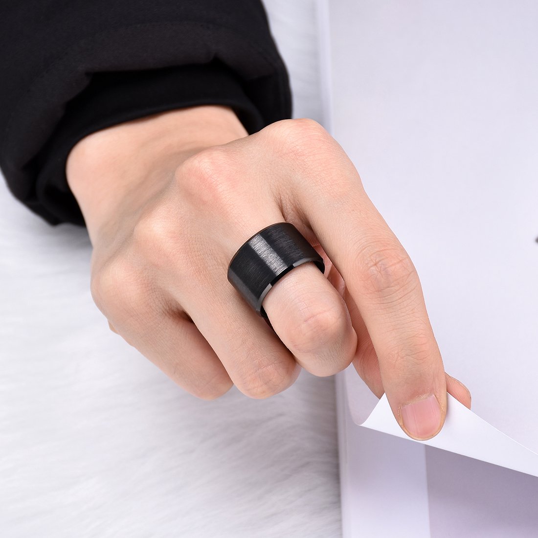 King Will Black-15mm Basic Wedding Ring For Men with Brushed Matte Surface Beveled Polished Edge Comfort Fit 10