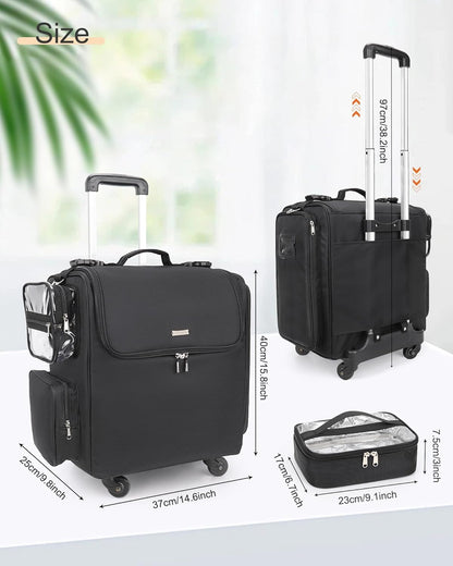 Relavel Rolling Makeup Train Case, Professional Hairstylist Traveling Bag with 4 Wheels & 2 Pouches, Adjustable Dividers, Heat Insulation Full Layer, Portable Cosmetics Storage Organizer Suitcase