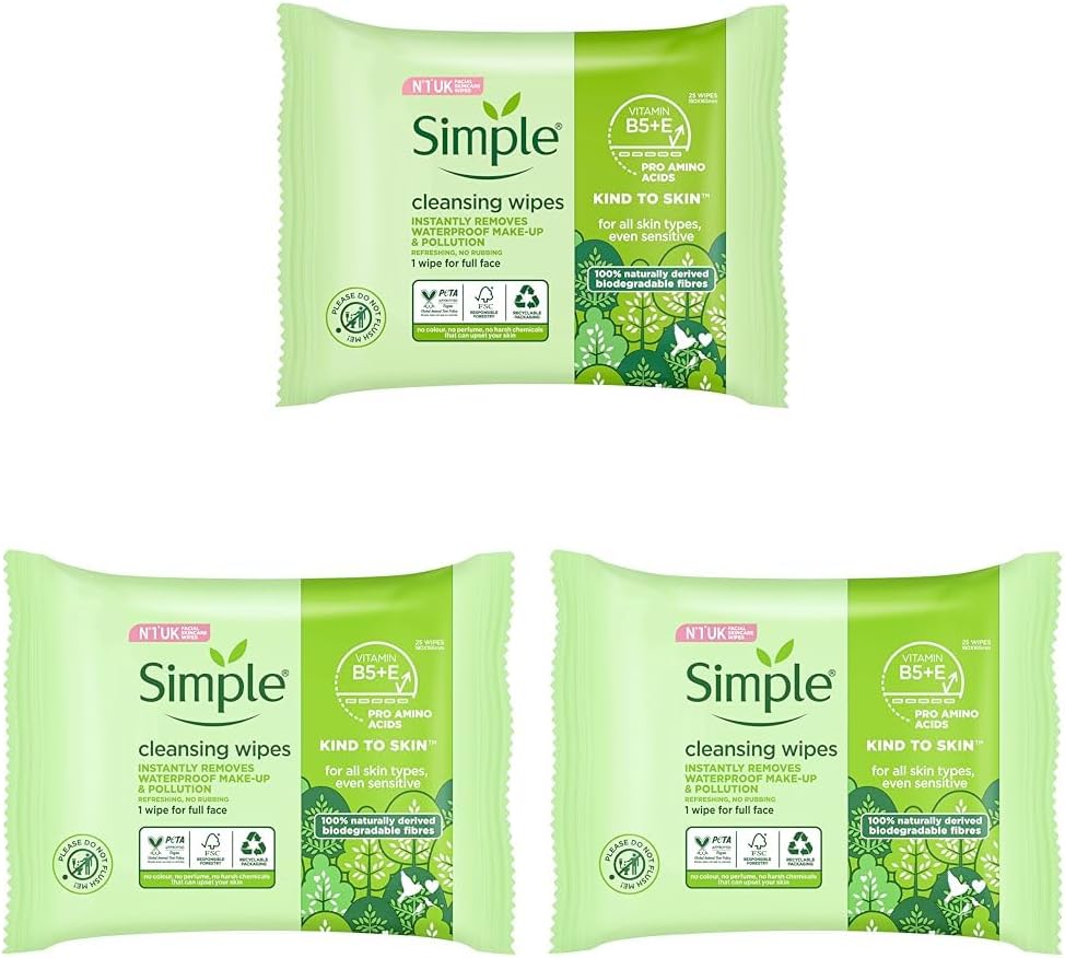 Simple, Kind to Skin, Biodegradable Cleansing Wipes with Vitamin B5, Vitamin E and Pro Amino Acids, 75 Pack