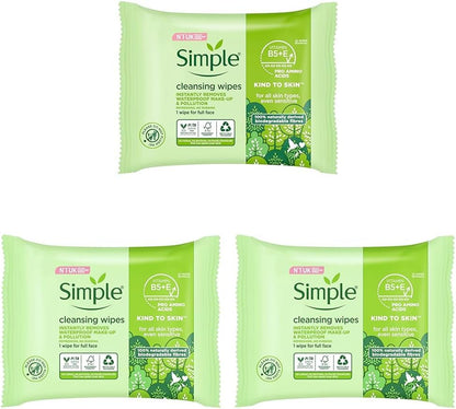 Simple, Kind to Skin, Biodegradable Cleansing Wipes with Vitamin B5, Vitamin E and Pro Amino Acids, 75 Pack