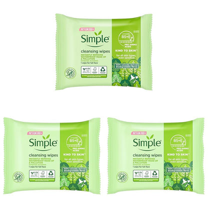 Simple, Kind to Skin, Biodegradable Cleansing Wipes with Vitamin B5, Vitamin E and Pro Amino Acids, 75 Pack