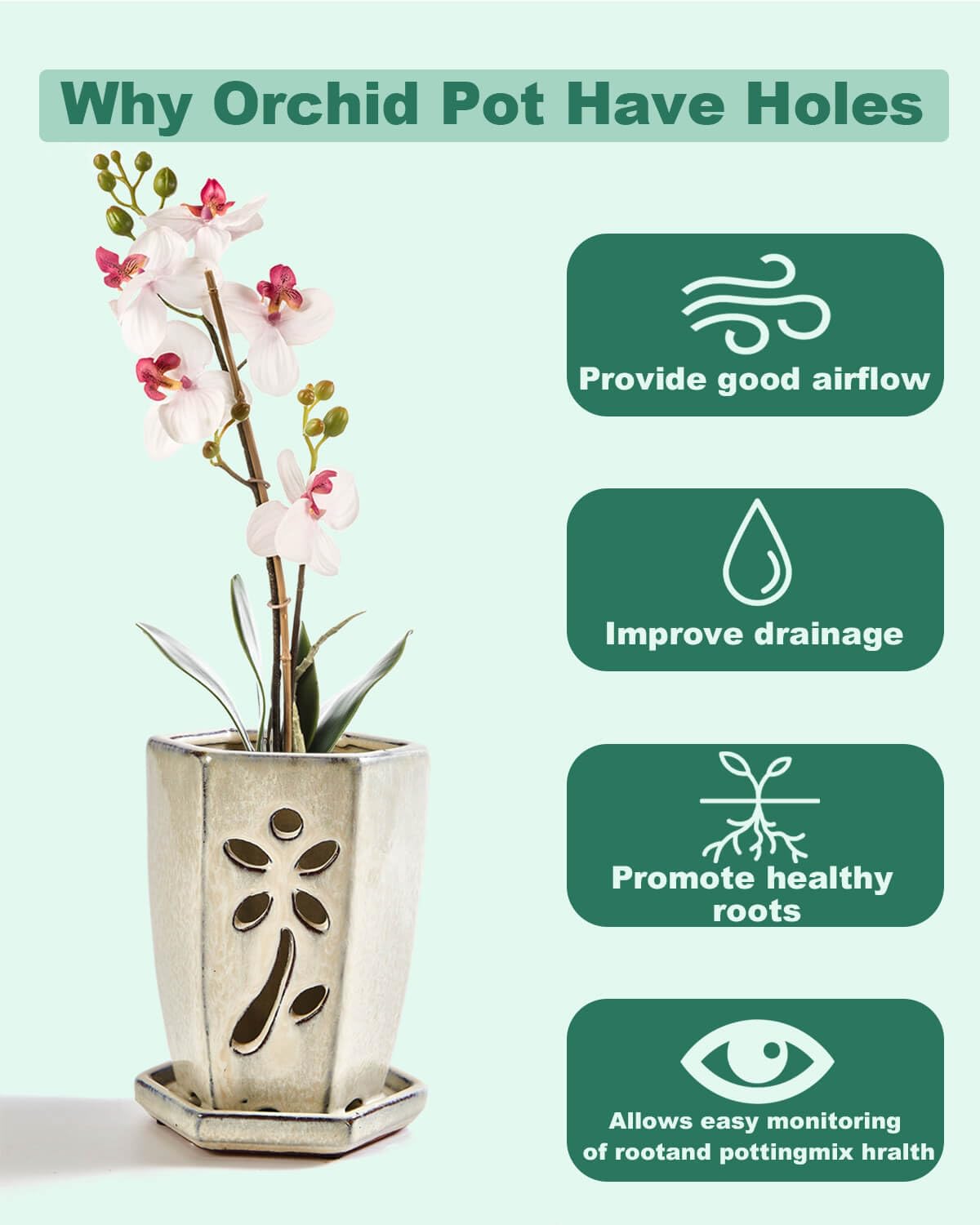 vensovo 4 Inch Ceramic Orchid Pot with Holes and Attached Saucer, Small Hexagon Orchid Planter for Repotting, Promotes Air Circulation and Drainage for Healthy Roots, Indoor Outdoor, Milk White