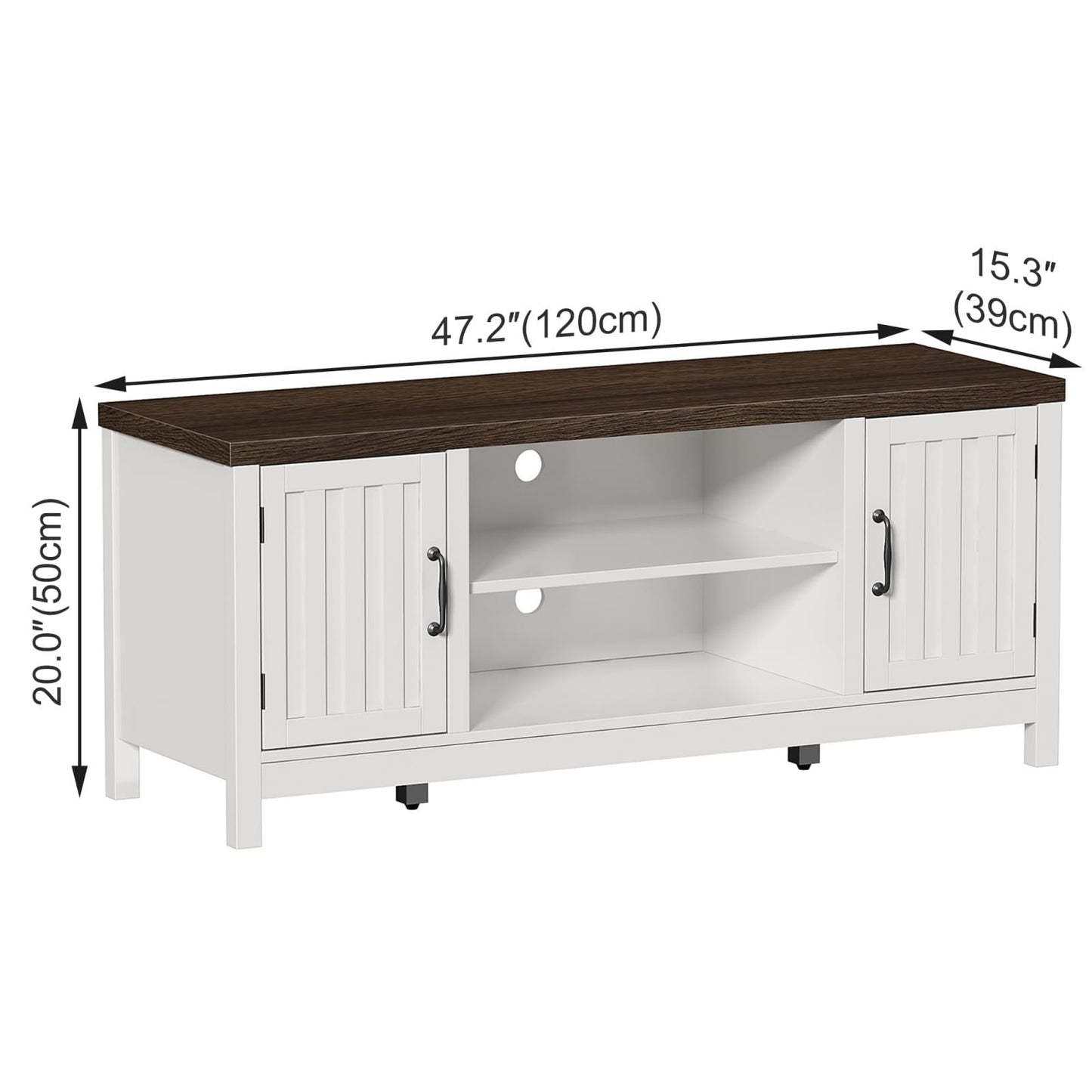 ChooChoo Farmhouse TV Stand, Wood Fluted Door Entertainment Center with Storage Cabinets and Open Shelves, Rustic Media Console up to 55 inches for Living Room, Bedroom, White