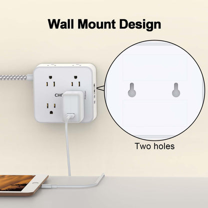 Surge Protector Power Strip - CHCORE 5Ft Braided Extension Cord with 8 Outlets with 4 USB (2 USB C) Charging Ports, Flat Plug Multi Plug Outlet Extender Charging Station for Home Office, ETL, White