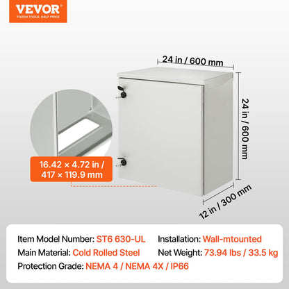 VEVOR Electrical Enclosure, 24'' x 24'' x 12'', NEMA 4 Outdoor Enclosure, IP65 Waterproof & Dustproof Cold-Rolled Carbon Steel Hinged Junction Box for Outdoor Indoor Use, with Rain Hood