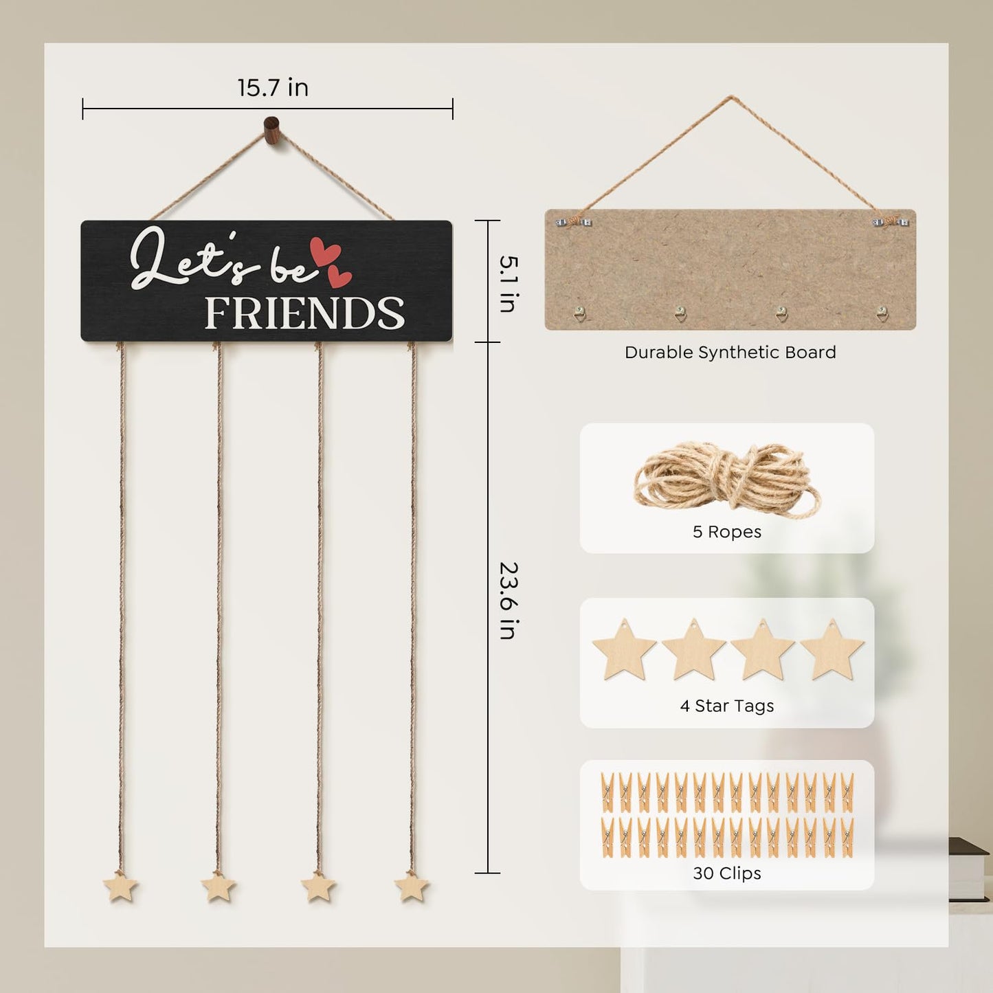 ELMCH Friends Picture Frame Photo Hanging Display with Clips, Best Friends Friendship Gifts for Women, BFF Bestie Gifts, Let's Be Friends Picture Board Photo Holder for Wall Decor