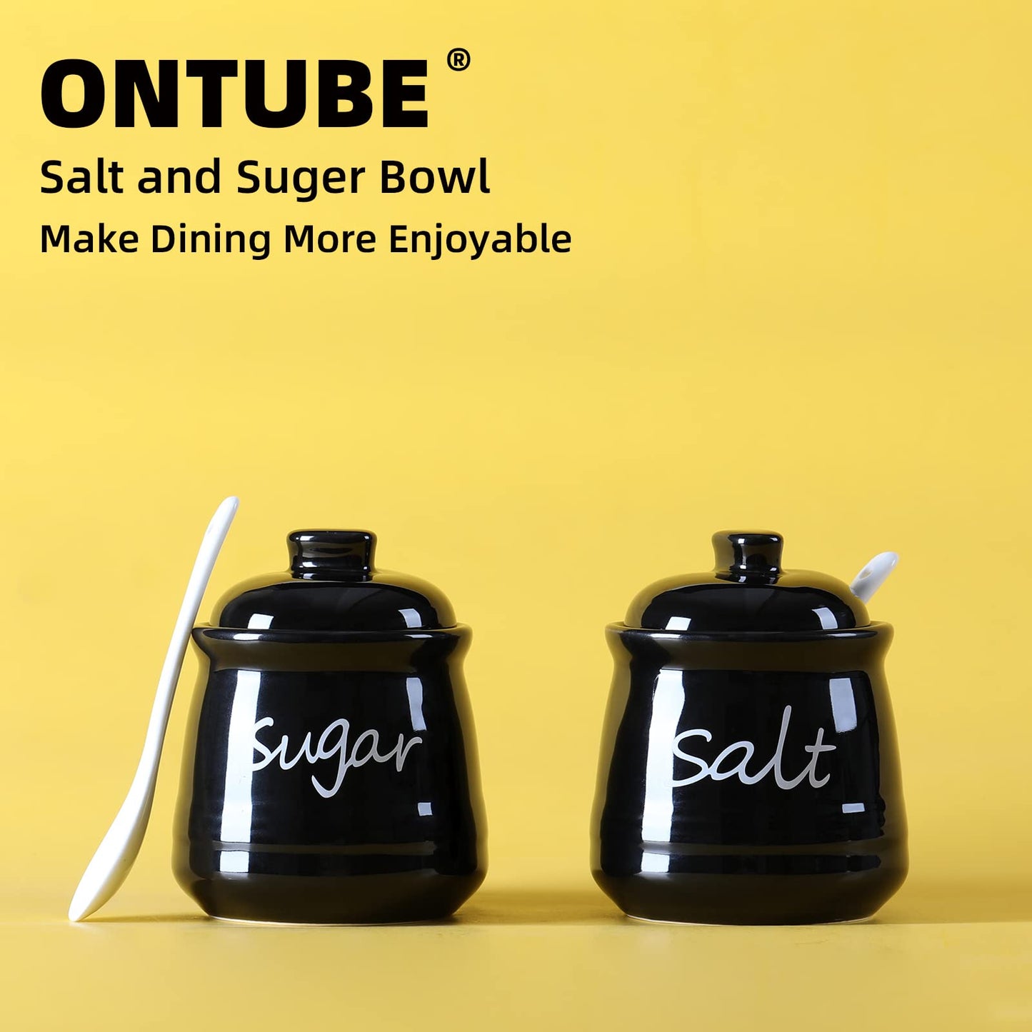 12oz Sugar and Salt Bowls with Lid and Spoon, Ceramics Condiment Pots,Seasoning Jar Spice Container for Kitchen,Dishwasher Safe (Black)