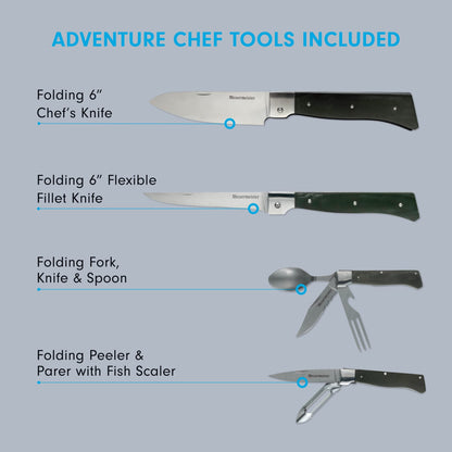Messermeister Adventure Chef Summit Set, Distressed Linen - Folding 6” Chef’s Knife, 6” Fillet Knife, Steak Knife, Fork & Spoon, Peeler & Parer, TPE Cutting Board + Waxed Canvas Case